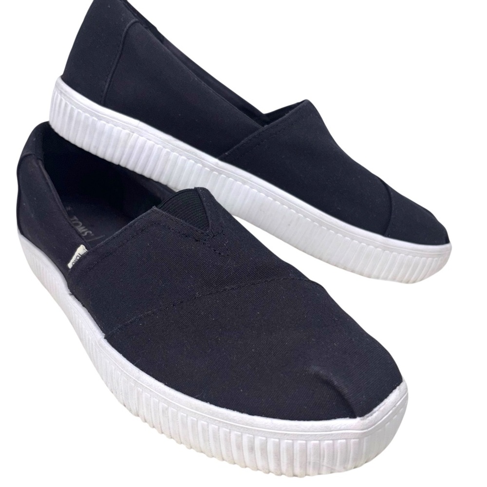 TOMS Women 9.5M Alpargata Platform Canvas Slip On Shoes Black White
